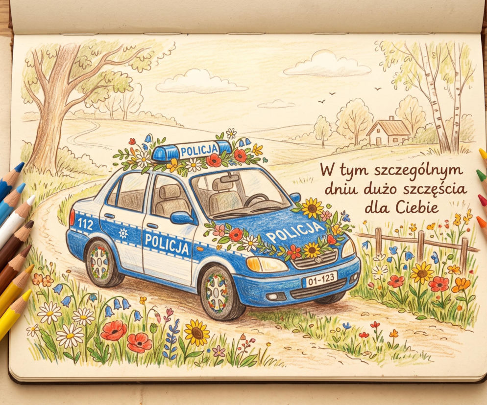 Rysunek radiowozu ozdobionego kwiatami na łące z życzeniami dla policjanta. O święcie policji przeczytasz na VOX FM.