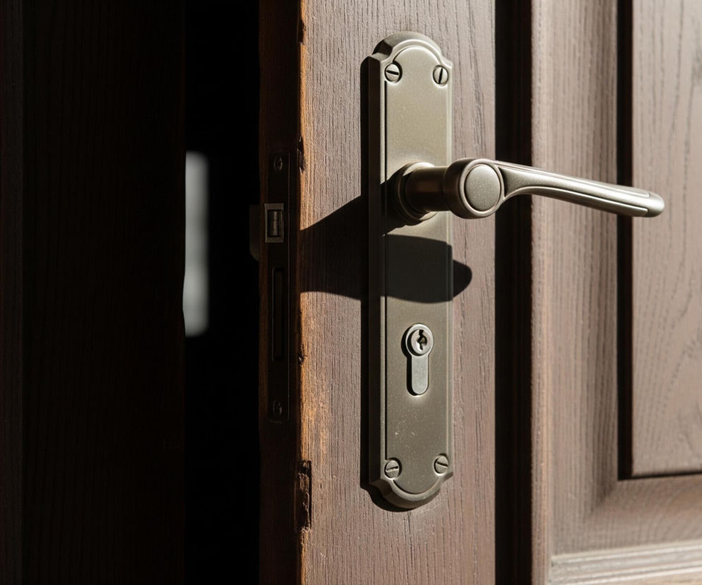 Brązowe drewniane drzwi są uchylone, z wyraźnym światłem padającym na prawą stronę skrzydła drzwi i ciemniejszym cieniem po lewej, odsłaniającym wnętrze. Na prawym skrzydle drzwi znajduje się metalowa, mosiężna klamka z zamkiem, oświetlona silnym światłem z prawej strony, rzucającym cień na panel. Widoczne są detale usłojenia drewna oraz faktura metalowego uchwytu i płyty zamka, mocowanej śrubami.