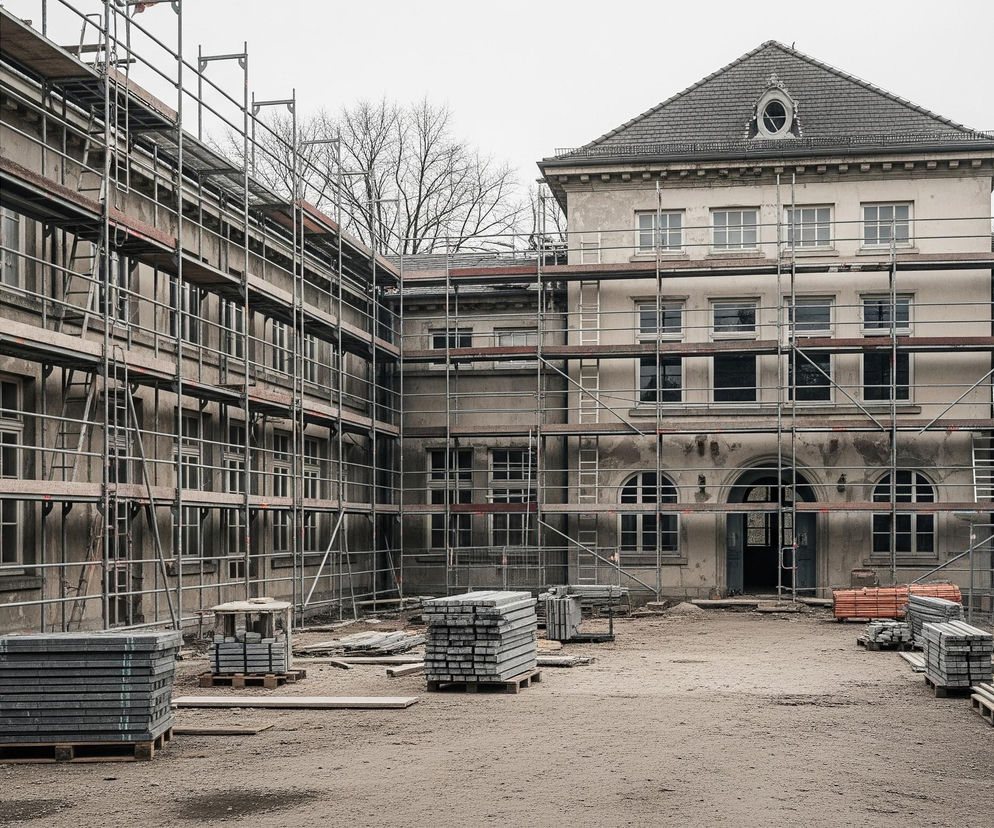 Duży, wielopiętrowy budynek w trakcie remontu, otoczony ze wszystkich stron rusztowaniami wykonanymi z metalowych rur i drewnianych podestów. Centralna część budynku posiada wyraźnie odróżniającą się fasadę z okrągłym oknem w szczycie spadzistego dachu pokrytego ciemnymi dachówkami, oraz trzema dużymi, półokrągłymi oknami i wejściem na parterze. Na pierwszym planie, na nierównym, piaszczystym podłożu z widocznymi śladami błota i kałuż, leżą stosy materiałów budowlanych ułożone na drewnianych paletach, w tym płaskie, prostokątne płyty oraz rury koloru pomarańczowego. W tle, ponad budynkiem, widoczne są nagie drzewa z delikatnymi gałęziami, a niebo jest jasne i zachmurzone, nadając całości szary i ponury nastrój.