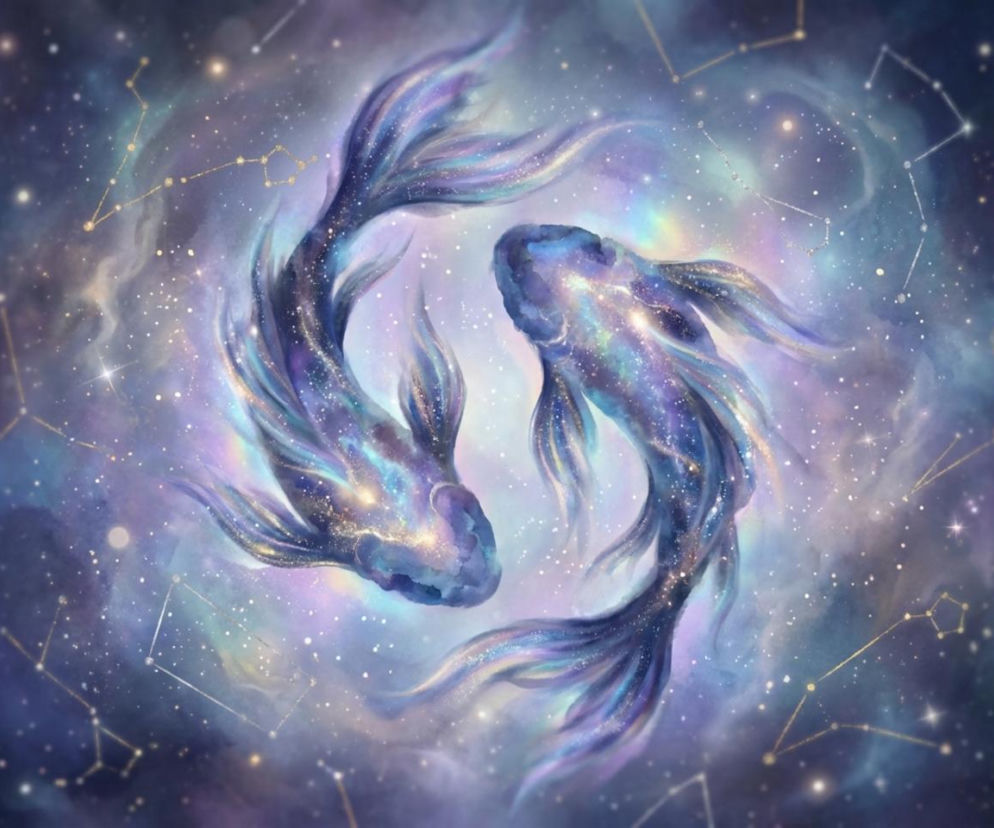 Dwie gwiezdne ryby, symbolizujące znak zodiaku Ryby, płyną w kosmicznej przestrzeni pełnej błyszczących gwiazd i mgławic w odcieniach fioletu, błękitu i różu. Ilustracja doskonale oddaje nastrój horoskopu dziennego, o którym możesz przeczytać na naszym portalu.
