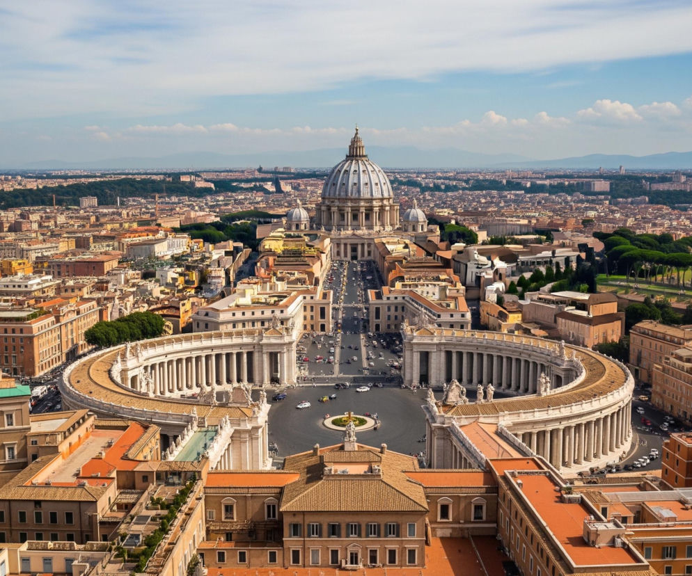 Panorama przedstawia rozległe miasto pod błękitnym niebem z pojedynczymi chmurami. Centralnym punktem jest imponująca kopuła, otoczona przez monumentalny plac z dwiema półkolistymi kolumnadami, łączącymi się z długą aleją prowadzącą w kierunku kopuły. Na placu i alei widać liczne samochody i pieszych, a wokół rozciąga się gęsta zabudowa miejska z budynkami o jasnych i pomarańczowych dachach. W tle widoczne są zalesione tereny i odległe góry.