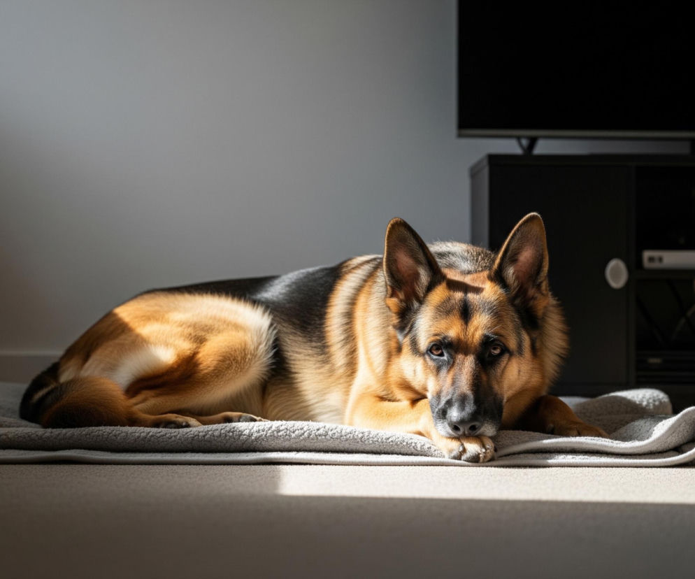 Owczarek niemiecki leży na beżowym kocu, skierowany przodem do widza. Prawy policzek psa i jego tułów są częściowo oświetlone złotym światłem słonecznym, podczas gdy reszta zwierzęcia i tło pozostają w cieniu. W tle, po prawej stronie, widać czarną szafkę z ciemnym telewizorem na górze, a po lewej fragment ściany i białego kaloryfera.