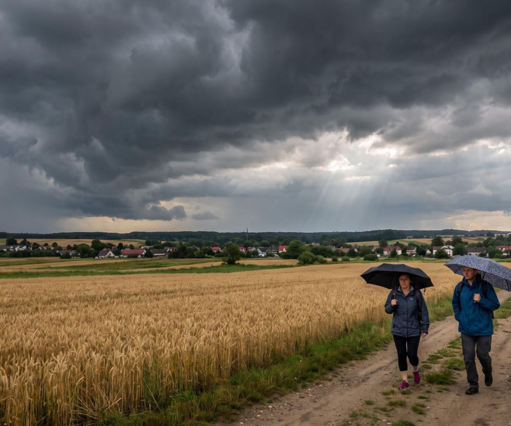 Dwie osoby z parasolami idą polną drogą obok pola zboża pod burzowym niebem. O nadejściu frontu przeczytasz w serwisie Eska.