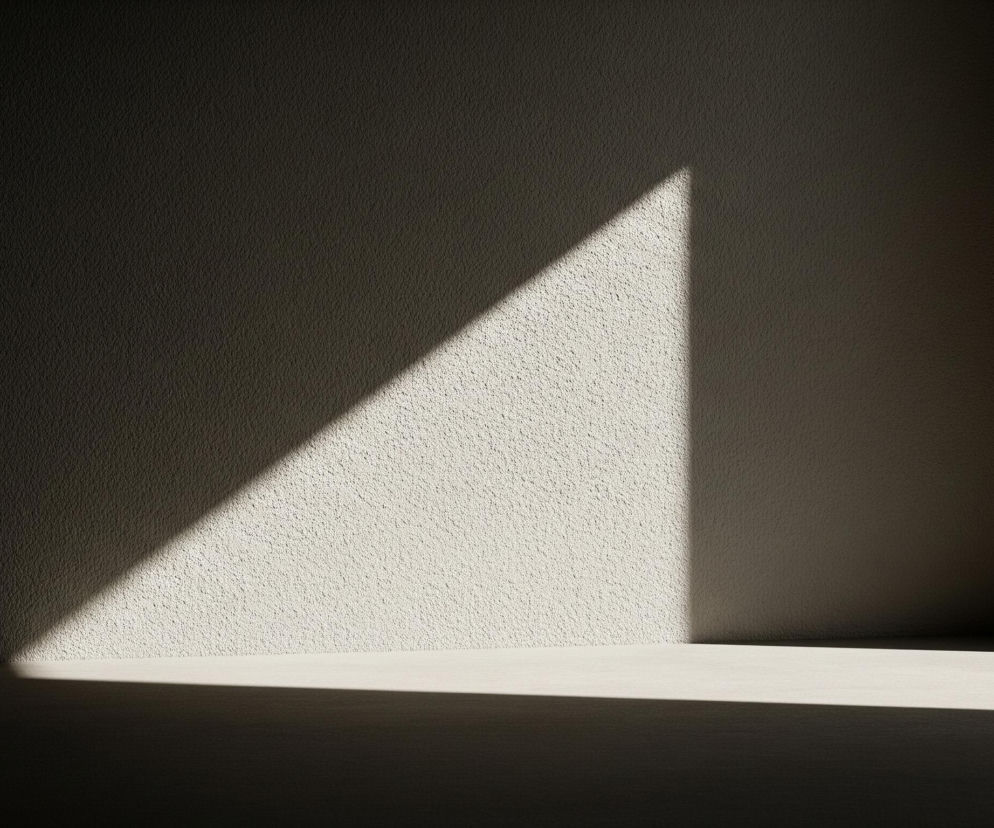 Ściana o nierównej, ziarnistej teksturze zajmuje większą część obrazu. Na jej powierzchni, od lewej górnej części, rozciąga się trójkątna plama jasnego światła, która rozjaśnia również fragment podłogi w prawym dolnym rogu. Reszta ściany oraz podłogi pogrążona jest w cieniu, tworząc kontrastujące, ciemniejsze obszary. W prawym górnym rogu widoczny jest pionowy pas jasnej ściany, a w lewym, pionowy fragment ciemnego kąta.