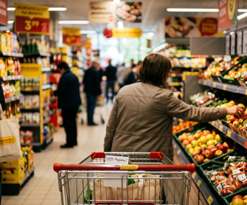 Wnętrze supermarketu Biedronka z wózkiem na pierwszym planie, w którym widać torbę z zakupami i kartkę z napisem Lista: Majówka!. Kobieta sięga po owoce z półki. Scena ilustruje zakupy przed majówką, o której można przeczytać na portalu Super Biznes.