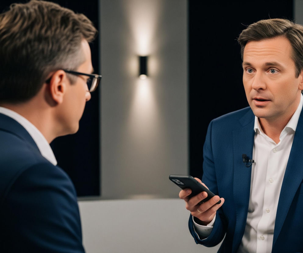 Dwóch mężczyzn w garniturach siedzi naprzeciwko siebie w nowoczesnym studio, rozmawiając. Mężczyzna po prawej, o jasnych włosach i niebieskich oczach, w granatowym garniturze i białej koszuli, trzyma w dłoni czarny smartfon i patrzy na swojego rozmówcę. Ma przypięty do marynarki mikrofon krawatowy. Mężczyzna po lewej stronie, widoczny od tyłu, również ubrany jest w garnitur i białą koszulę, na jego uchu widać niewielki mikrofon bezprzewodowy, a na nosie ma okulary w ciemnych oprawkach. Tło stanowią jasne ściany z podłużnymi lampami ściennymi emitującymi ciepłe światło w górę i w dół, oraz fragment ciemnego ekranu telewizyjnego, na którym widać niewyraźne odbicie mężczyzny z prawej strony.