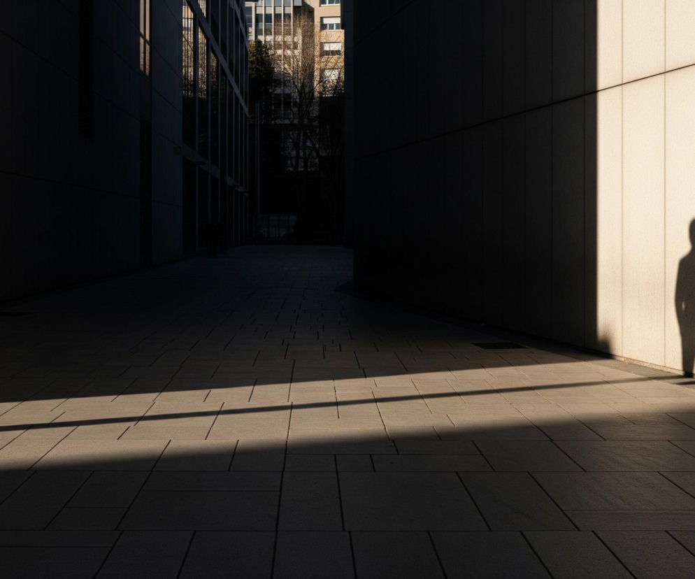 Na betonowej ścianie po prawej stronie pada cień sylwetki człowieka, oświetlonej przez intensywne światło słoneczne, tworzące kontrast z głębokim cieniem. Nawierzchnia placu to duże, prostokątne płytki chodnikowe, ułożone w regularny wzór, a na ich powierzchni widoczny jest długi, ukośny pas światła przechodzący przez lewą i centralną część kadru. Lewa strona placu oraz dalsze partie ścian budynków toną w cieniu, a w tle widać fragmenty budynków z oknami oraz drzewa.