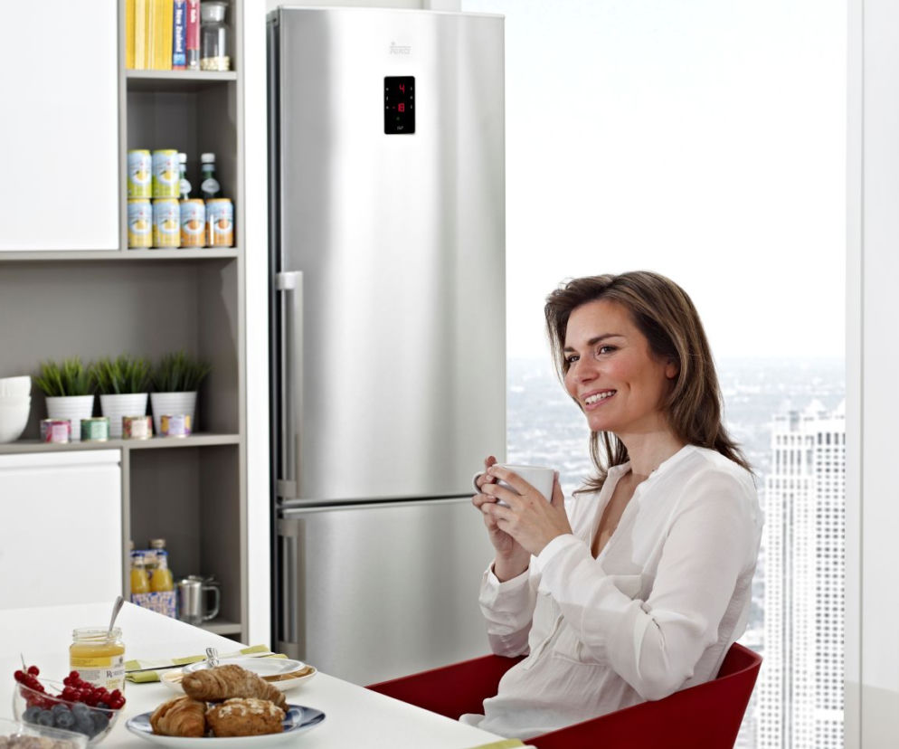 Wolnostojąca chłodziarko-zamrażarka TEKA NFE2 320 w kolorze inox z panelem sterującym na drzwiach, wyposażona w system kontroli temperatury Fuzzy Logic i system NO Frost