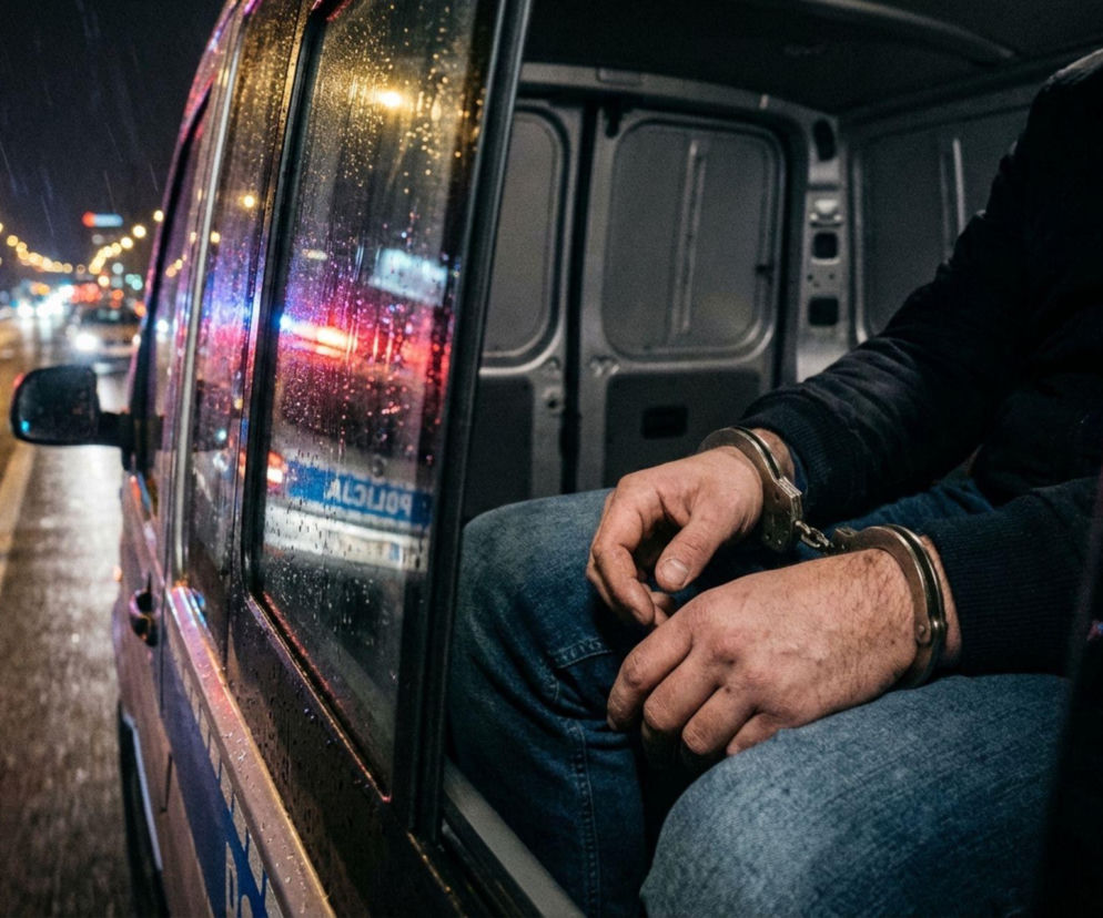 Ręce zatrzymanego mężczyzny w kajdankach