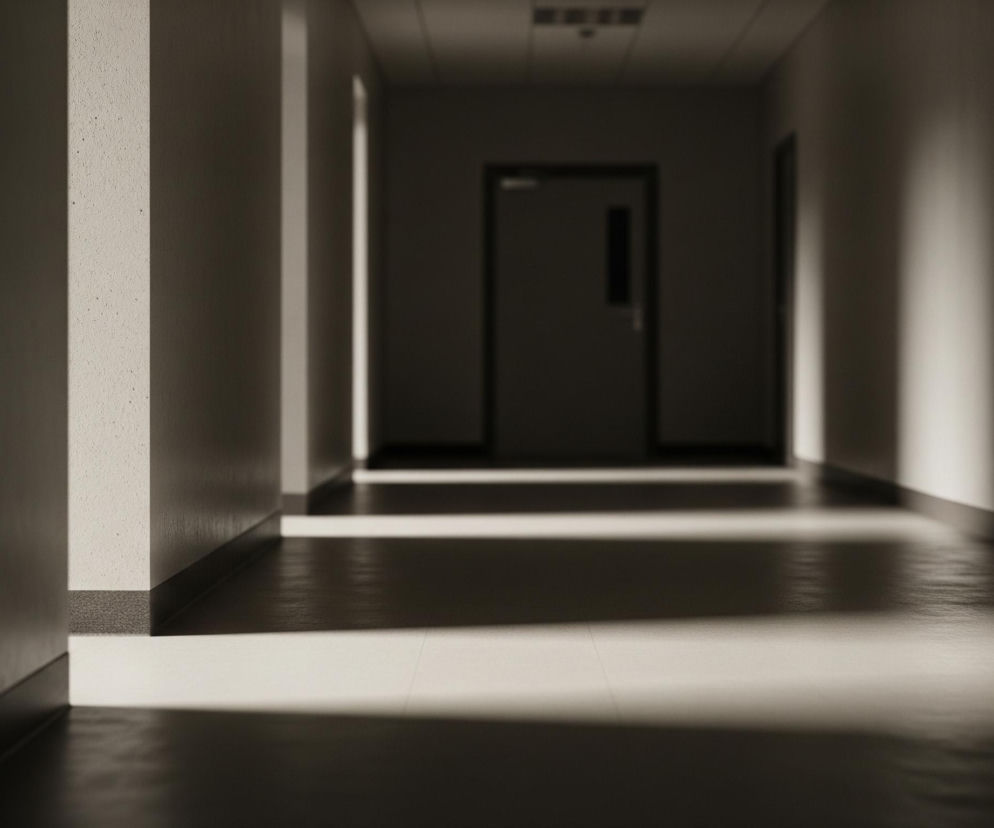 Długi, wąski korytarz rozciąga się w głąb obrazu, znikając w ciemności. Światło padające z niewidocznych źródeł tworzy wyraźne pasy jasności na podłodze oraz pionowe smugi na ścianach. Dominują odcienie szarości i beżu, a ściany po lewej stronie mają widoczną, ziarnistą teksturę. W oddali widać niewyraźne drzwi z pionową szybą, a na suficie pojedynczy, prostokątny element, prawdopodobnie kratka wentylacyjna.