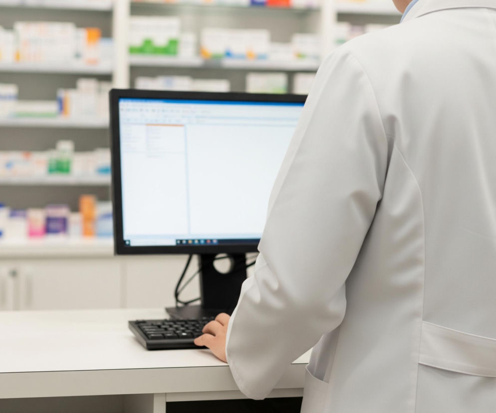 Osoba w białym fartuchu laboratoryjnym stoi tyłem do obserwatora, patrząc na monitor komputera z jasnym ekranem. Jej prawa ręka spoczywa na czarnej klawiaturze, a na blacie widoczna jest również czarna myszka. Tło stanowi rozmyta ściana z białymi półkami wypełnionymi licznymi opakowaniami leków w różnych kolorach.