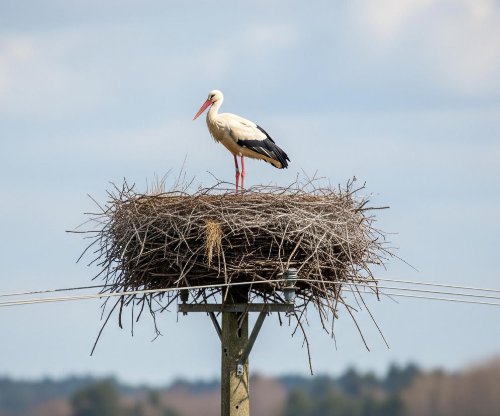 Biały bocian z czarnymi piórami na skrzydłach, czerwonym dziobem i czerwonymi nogami stoi na gnieździe zbudowanym z patyków. Gniazdo znajduje się na szczycie drewnianego słupa energetycznego, z którego odchodzą trzy równoległe, jasne kable. Tłem jest jasnoniebieskie niebo z kilkoma rozmyte białymi chmurami, a w dolnej części obrazu widoczny jest rozmyty, ciemniejszy pas drzew lub krzewów.