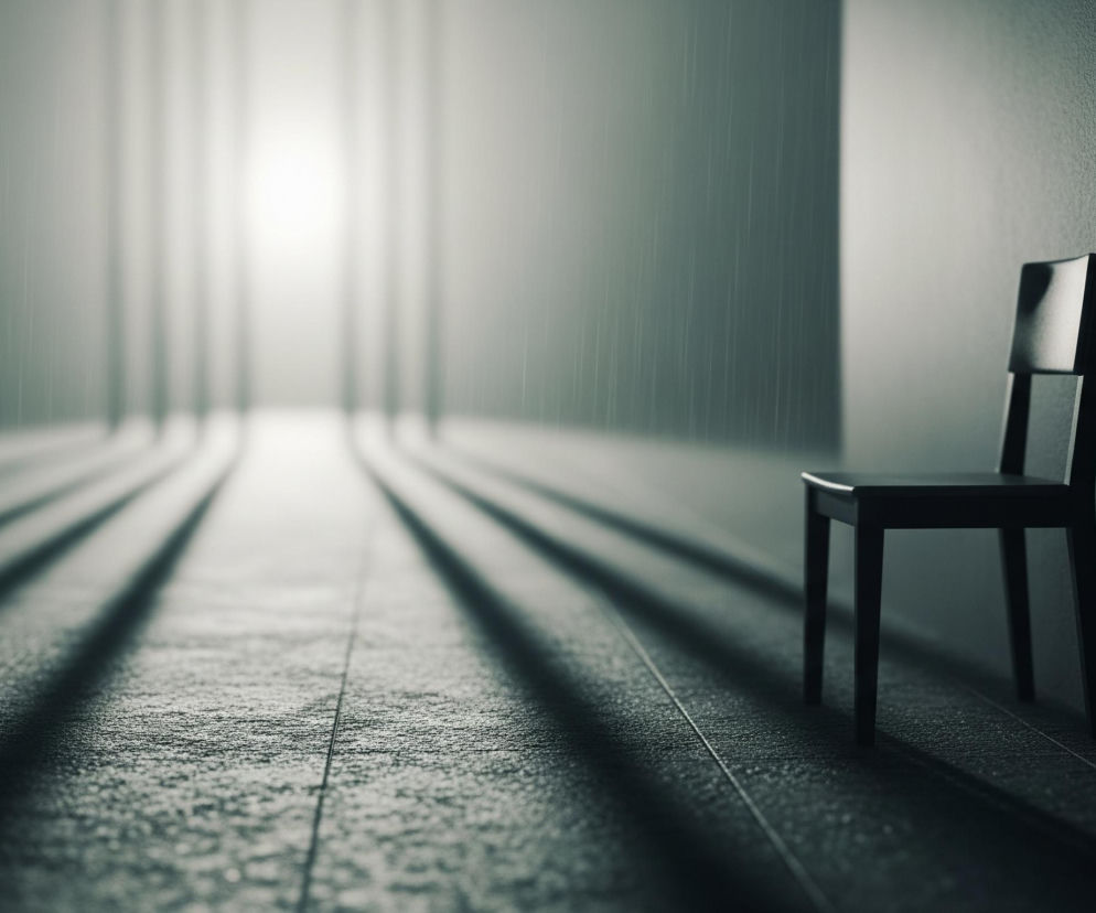 Ciemne, drewniane krzesło stoi pod ścianą po prawej stronie kadru, rzucając wydłużony cień na nią i na podłogę. Podłoga składa się z prostokątnych płytek o ziarnistej teksturze, tworzących linie zbiegające się w oddali, gdzie jasne, rozmyte światło rozświetla przestrzeń. Z sufitu, w stronę światła, opadają pionowe pasma deszczu lub kurzu, rozmywając tło i tworząc mglistą, szaro-zieloną atmosferę. Całość utrzymana jest w chłodnych, ciemnych odcieniach szarości i zieleni, z intensywnym jasnym punktem w tle, który kontrastuje z resztą kompozycji.