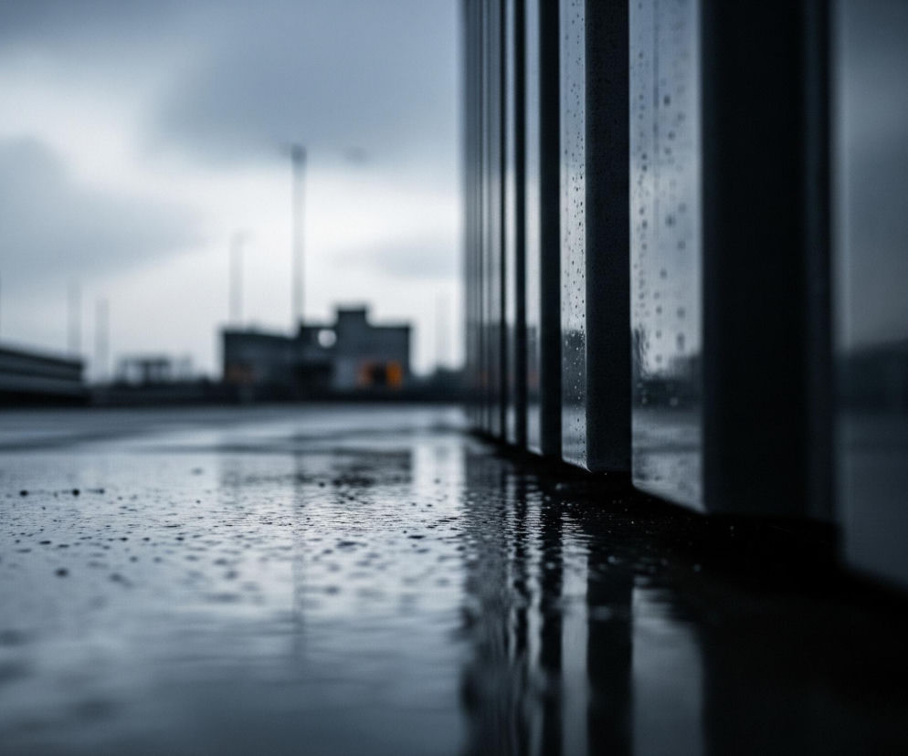 Na pierwszym planie, z prawej strony, znajdują się pionowe panele pokryte licznymi kroplami deszczu, ich powierzchnia odbija światło. Przód obrazu to mokra nawierzchnia, na której widoczne są kałuże i drobne odbicia świateł oraz konstrukcji. W tle, niewyraźnie zarysowane, widoczne są elementy infrastruktury drogowej, takie jak słupy oświetleniowe i barierki, oraz zarysy budynków pod zachmurzonym, szarym niebem. Całość utrzymana jest w chłodnej tonacji szarości i błękitów.