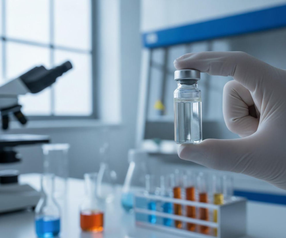Dłoń w rękawiczce trzyma fiolkę ze szczepionką w laboratorium. O walce z malarią przeczytasz na Poradnik Zdrowie.