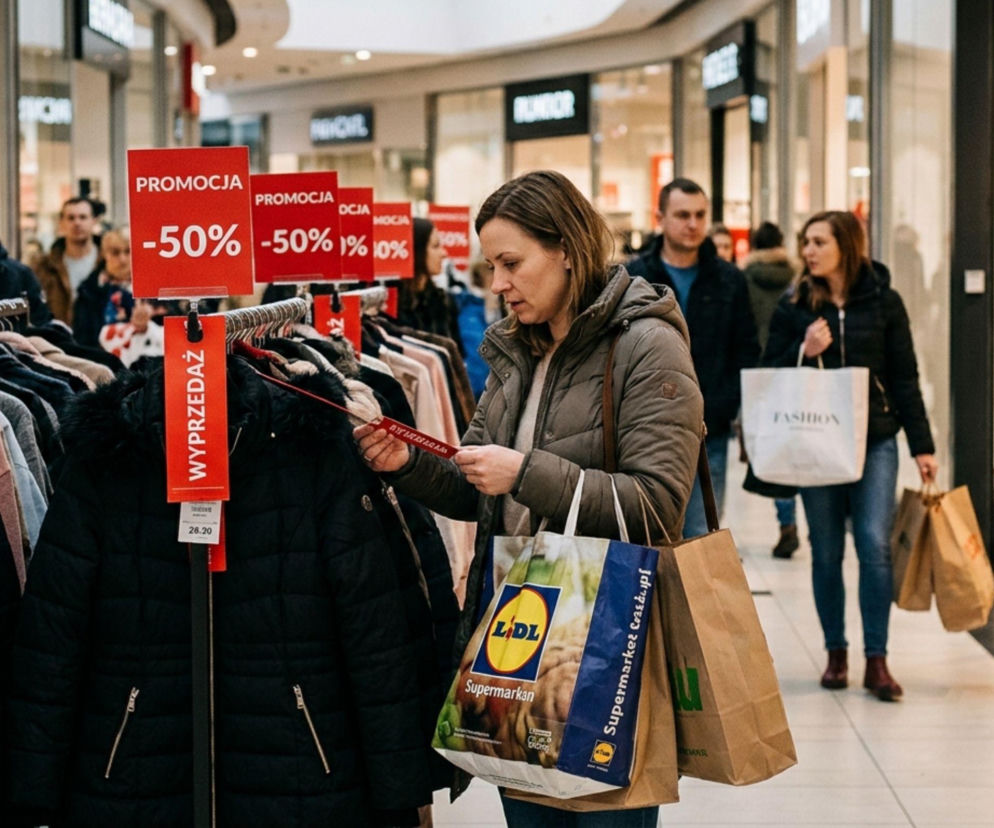 Kobieta sprawdza cenę kurtki na wyprzedaży w galerii handlowej. O zakupowych wyjazdach Polaków czytaj w SE Superbiz.