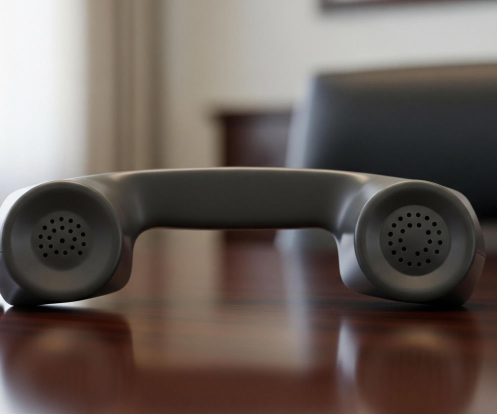 Słuchawka telefonu stacjonarnego w kolorze ciemnoszarym leży na wypolerowanym, drewnianym biurku o brązowej barwie. Po lewej stronie słuchawki widoczny jest spiralny kabel telefoniczny, również w kolorze ciemnoszarym. Powierzchnia biurka odbija światło, tworząc refleksy, szczególnie widoczne pod kablem. W tle, rozmyte, znajdują się jasne zasłony, a po prawej stronie majaczy ciemny kształt oparcia krzesła biurowego.