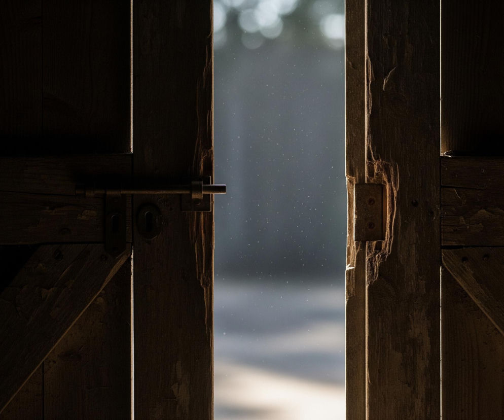 Półotwarte drewniane drzwi z widoczną szparą światła w centrum. Lewe skrzydło drzwi jest ciemne, z rustykalnym ryglem i zamkiem, podczas gdy prawe, również ciemne, ma widoczne metalowe zawiasy i nierówne krawędzie. Przez szparę między drzwiami widać rozmyte, jasne tło z licznymi drobnymi, jasnymi punktami, które przypominają kurz lub pyłki unoszące się w powietrzu, oświetlone przez światło wpadające z zewnątrz.