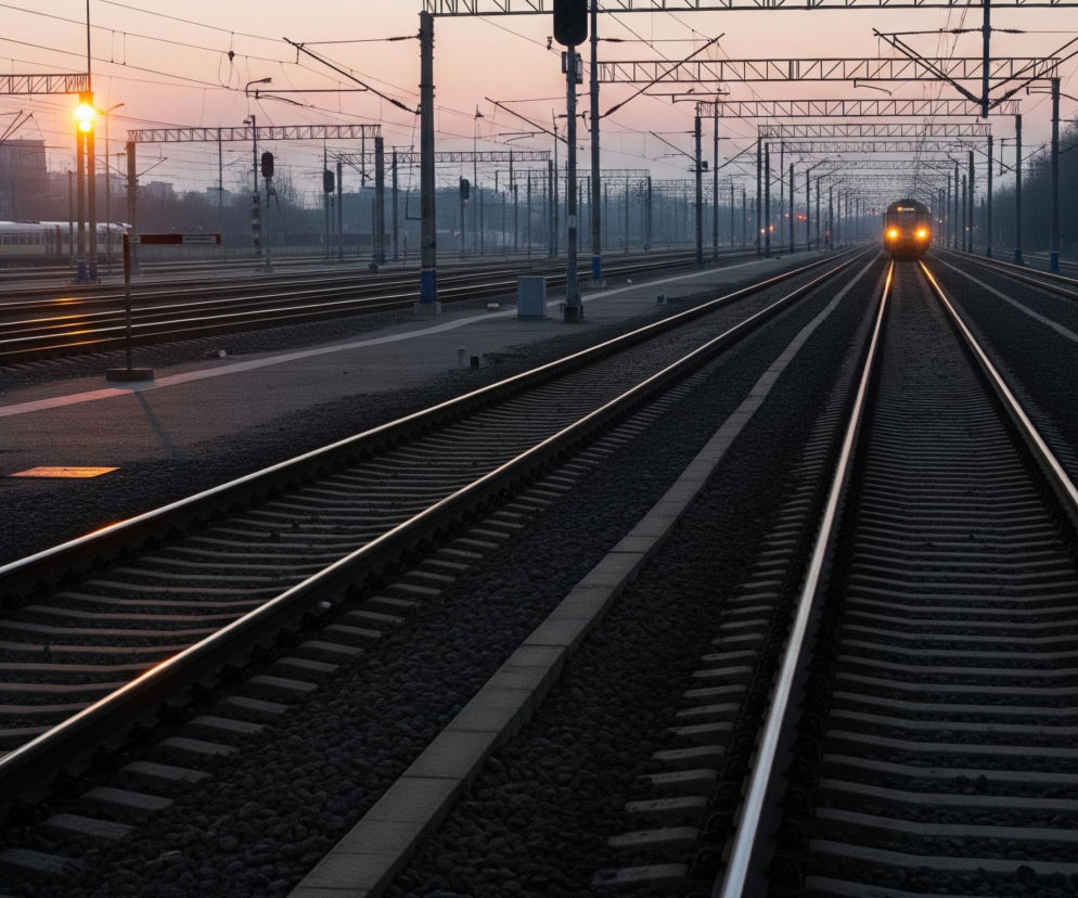 Pusta stacja kolejowa w blasku wschodzącego lub zachodzącego słońca, z torami wiodącymi w głąb obrazu. Po lewej stronie w oddali widoczne są wagony pociągu, natomiast w centrum, również w oddali, zbliża się pociąg z zapalonymi reflektorami. Na stacji widać wiele słupów trakcyjnych i sygnalizacyjnych, a niebo przybiera odcienie różu i pomarańczu.