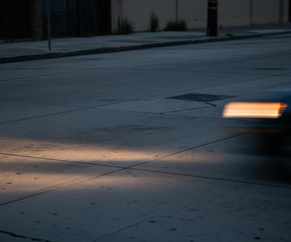 Ciemny samochód z rozmytym kształtem pędzi w prawą stronę, jego włączone pomarańczowe światło przednie tworzy smugę światła i odblask na asfaltowej drodze. Asfalt jest szary, podzielony jasnymi liniami, z widocznymi okrągłymi studzienkami kanalizacyjnymi. Po lewej stronie jezdni widoczny jest chodnik i fragment ciemnego budynku w tle.