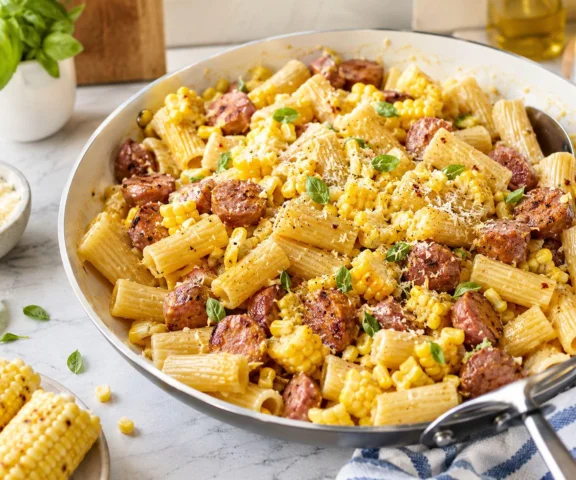 Makaron z kiełbasą i świeżą kukurydzą. Sos robi się na patelni z czosnku, parmezanu i wody z gotowania