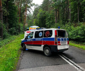 Groźny wypadek na leśnym odcinku drogi. Karetka rozbiła się między Stykowem a Kałkowem