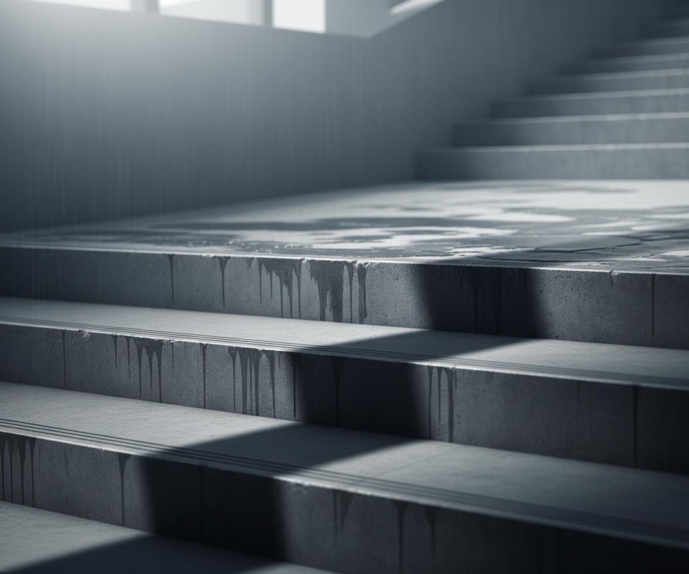 Szerokie schody, zbudowane z ciemnoszarego, betonowego materiału, wznoszą się po prawej stronie obrazu, prowadząc w górę i w prawo, aż do niewyraźnego światła widocznego u góry. Na każdym stopniu widoczne są ciemniejsze, pionowe zacieki, symulujące efekt ściekającej cieczy. Na płaskim fragmencie spocznika, pośrodku kadru, znajdują się kałuże wody, które odbijają światło z góry. Scena jest skąpana w mrocznym, szarym oświetleniu z jasnym punktem u góry, a drobne krople deszczu są widoczne w powietrzu, szczególnie po lewej stronie.