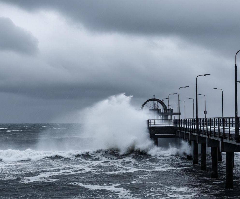 Betonowy pomost rozciągający się nad wzburzonym, ciemnym morzem pod zachmurzonym niebem. Wielka, spieniona fala uderza w lewą stronę pomostu, tworząc wysoki rozbryzg wody. Po prawej stronie pomostu biegnie szereg słupów oświetleniowych z czarnymi latarniami, a jego powierzchnia wydaje się być pokryta cienką warstwą śniegu lub szronu. Na końcu pomostu wznosi się metalowa konstrukcja przypominająca dużą tarczę lub koło, częściowo przesłonięta przez białą, rozpyloną wodę.