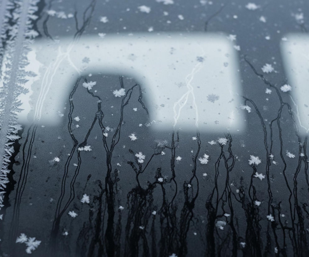 Szybę pokrywają różnorodne formacje lodu i kropli wody. Po lewej stronie, wzdłuż ciemnej ramki okiennej, widoczne są gęste, pierzaste kryształy szronu układające się w pionowe pasy. Środkowa i prawa część szyby jest pokryta rozproszonymi, małymi płatkami śniegu i nieregularnymi, ciemnymi smugami spływającej wody. W tle, poprzez zamarzniętą i mokrą szybę, przebijają się dwie jasne, prostokątne formy, które są rozmyte i niewyraźne.
