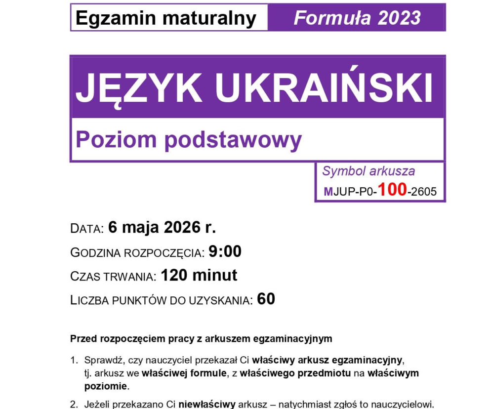 Matura 2026: język ukraiński - arkusz CKE