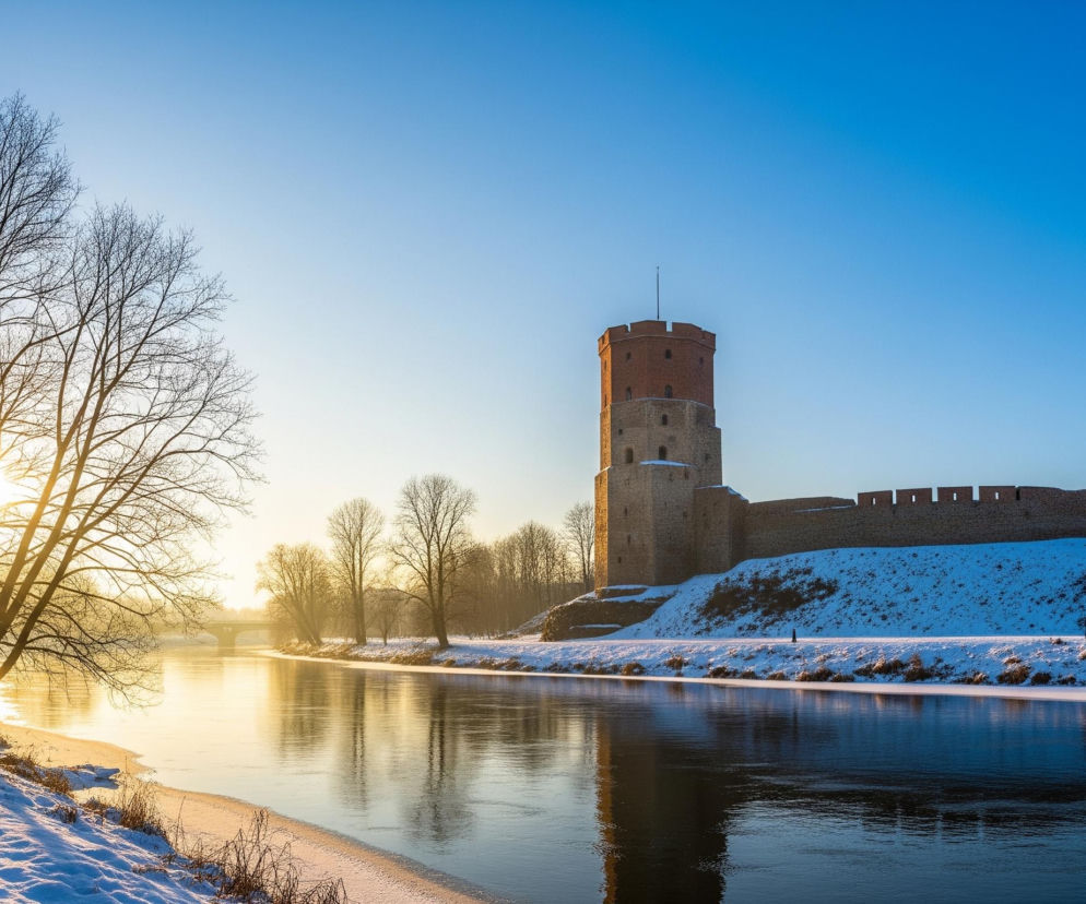 Po prawej stronie obrazu dominuje wysoka, ceglana wieża z kamienną podstawą, stanowiąca część większych murów obronnych biegnących wzdłuż ośnieżonego wzgórza. Po lewej stronie słońce, nisko nad horyzontem, świeci przez bezlistne drzewa, rzucając długie cienie na zaśnieżony brzeg rzeki. Rzeka, odbijająca niebo i złociste światło, płynie przez środek kompozycji, a jej brzegi pokrywa warstwa śniegu i lodu, tworząc kontrast z ciemnoniebieskim, bezchmurnym niebem.