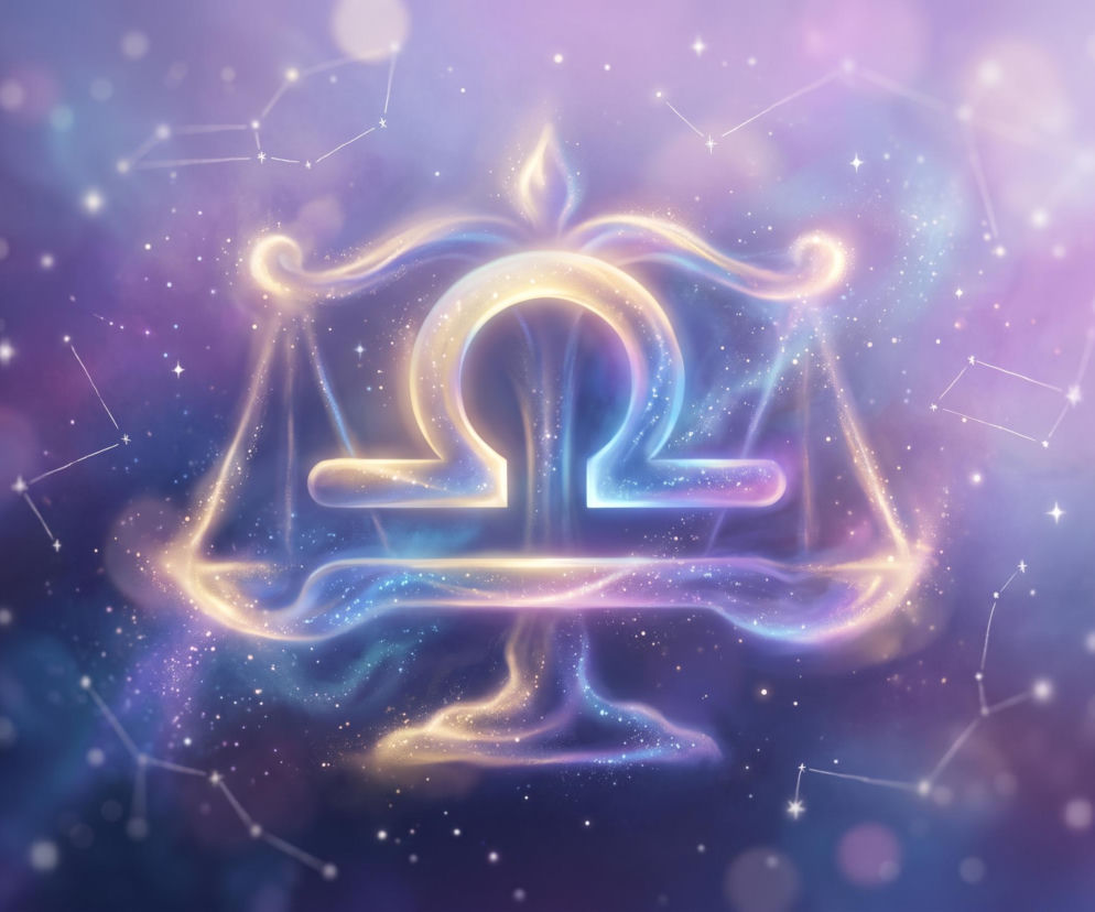 Świecący symbol znaku zodiaku Waga na tle gwieździstego nieba. O horoskopie dla Wagi przeczytasz w serwisie Eska.