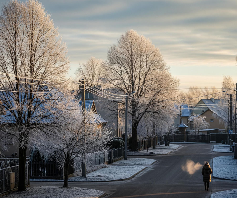 Oszronione drzewa i dachy domów jednorodzinnych w zimowy poranek, w oddali samotna osoba spacerująca ulicą, symbolizujące ciszę i spokój, które mogą zostać zakłócone przez hałas z urządzeń grzewczych, o czym przeczytasz na Super Biznes.