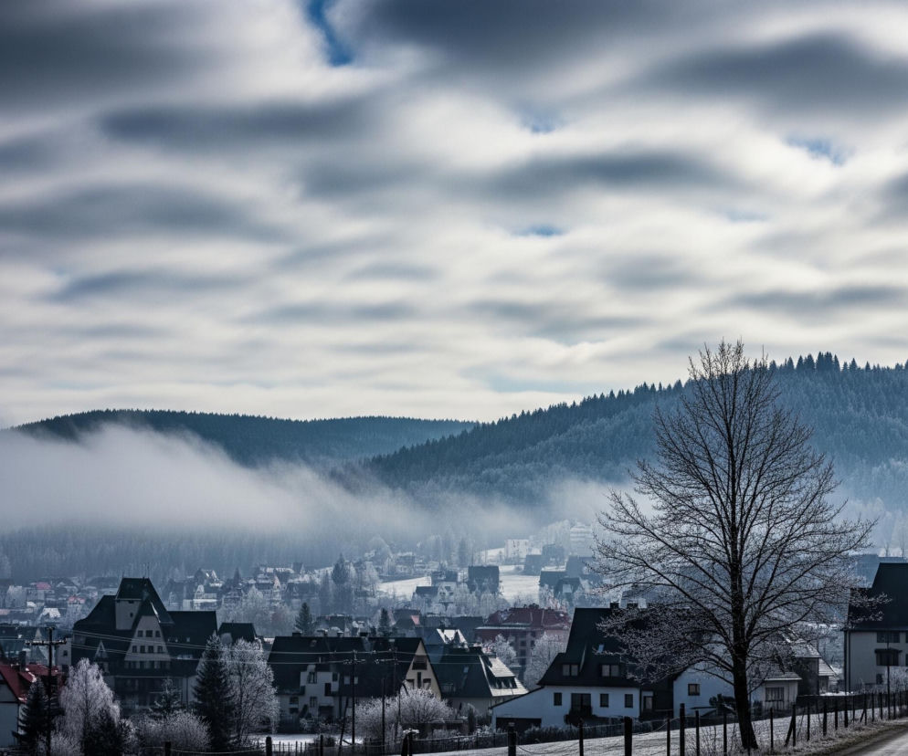 Zimowy krajobraz przedstawia zaśnieżone miasteczko położone w dolinie, otoczone zalesionymi wzgórzami. Na pierwszym planie, po prawej stronie drogi, stoi drzewo o nagich gałęziach, pokrytych szronem, a w oddali widać postać idącą po drodze pokrytej cienką warstwą śniegu. Nad miasteczkiem unosi się mgła, częściowo przesłaniając domy z ciemnymi dachami i biało-szarymi fasadami. W tle dominują gęste lasy iglaste, które wznoszą się na wzgórzach, a niebo pokryte jest rozciągniętymi, szarymi chmurami z pojedynczymi przebłyskami błękitu.