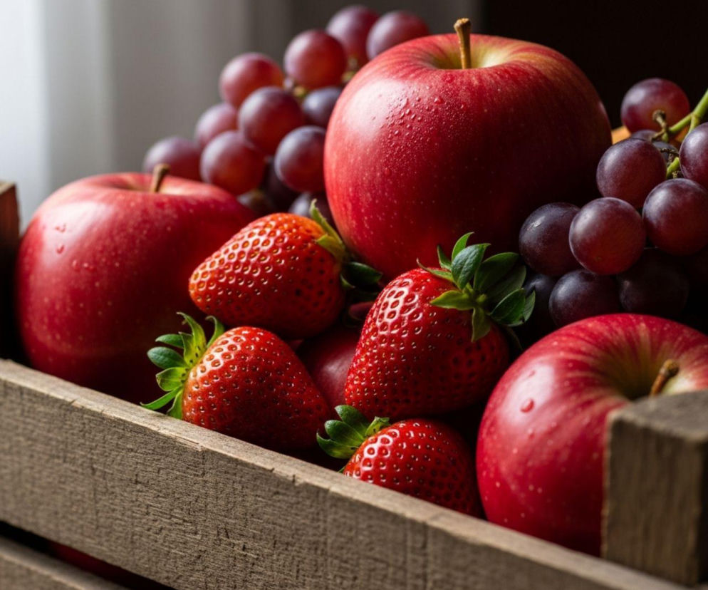 Czerwone jabłka, truskawki i winogrona w drewnianej skrzynce. Soczyste owoce symbolizują zdrową żywność, której import z pestycydami będzie zakazany. Więcej o nowym rozporządzeniu przeczytasz na Super Biznes.
