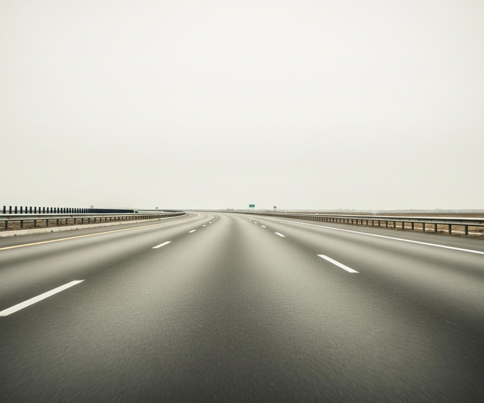 Na zdjęciu dominuje szeroka autostrada, rozciągająca się w oddali, pod szarym, jednolitym niebem. Nawierzchnia drogi jest ciemnoszara, z wyraźnymi białymi przerywanymi liniami, wyznaczającymi pasy ruchu, oraz ciągłą żółtą linią na poboczu po lewej stronie. Po obu stronach drogi biegną stalowe bariery energochłonne, a za nimi widać pasy suchej trawy i niewyraźny horyzont.
