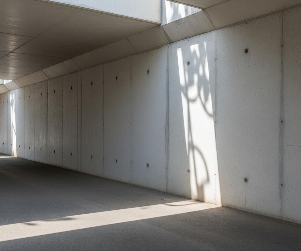 Wnętrze betonowego przejścia lub tunelu, oświetlonego częściowo światłem słonecznym. Wzdłuż prawej ściany, wykonanej z jasnego, szarego betonu z widocznymi okrągłymi otworami i pionowymi liniami, pada ukośny pas światła, tworzący skomplikowane cienie przypominające liście lub struktury roślinne. Sufit, również betonowy, posiada poziome pasy tekstury i jasne kwadratowe otwory, przez które wpada światło. Lewa strona tunelu jest ciemniejsza, a na końcu widać wyjście prowadzące na zewnątrz, gdzie zielona trawa, jasne budynki i drzewa tworzą kontrast z surowością betonu. Podłoga przejścia jest ciemnoszara, pokryta pasmami światła i cienia.