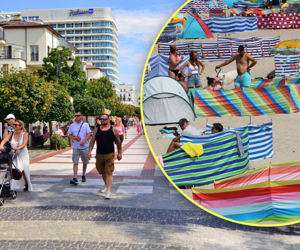 Turyści na nadmorskiej promenadzie obok hoteli. Na owalnej wstawce zatłoczona plaża z parawanami. Więcej na SE Szczecin.