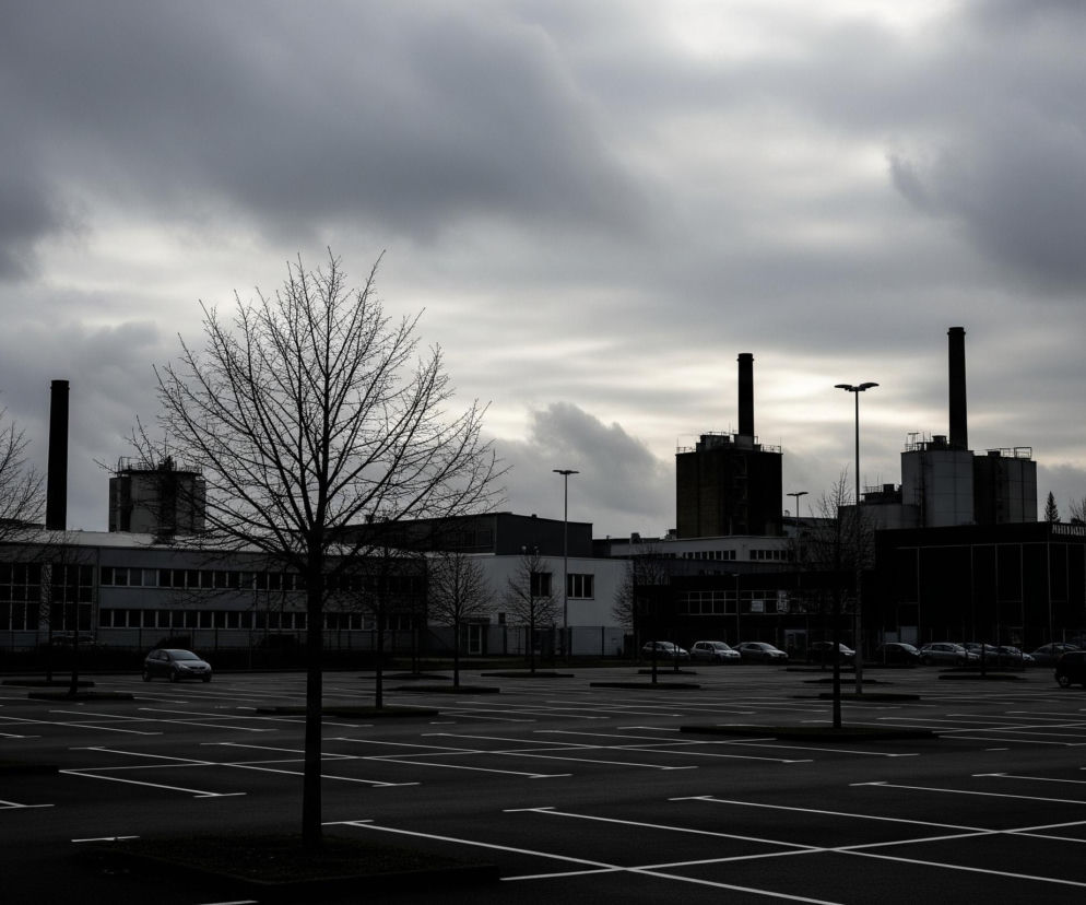 Ponury, szeroki kadr przedstawia pusty parking na pierwszym planie, z białymi liniami wyznaczającymi miejsca postojowe na ciemnym asfalcie. Na parkingu rosną smukłe, bezlistne drzewa, a w tle widać kompleks budynków przemysłowych z kilkoma wysokimi, ciemnymi kominami, które odcinają się od jasnego, zachmurzonego nieba. Niebo jest pokryte gęstymi, szarymi chmurami, tworzącymi ciężką atmosferę, a cała scena utrzymana jest w ciemnej tonacji, z dominującymi szarościami i czerniami.