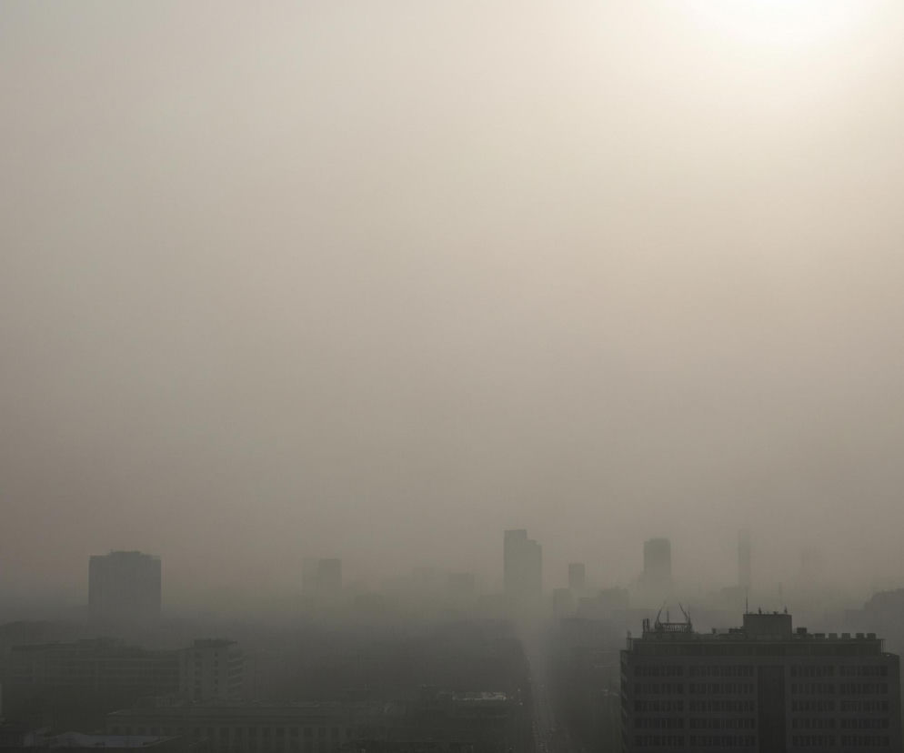 Miejski krajobraz spowity jest gęstą mgłą lub smogiem, ograniczającym widoczność do kilku metrów. Na pierwszym planie po prawej stronie widać górną część ciemnego, wielokondygnacyjnego budynku o wielu oknach, z konstrukcjami na dachu. Dalej, za nim i po lewej, rysują się niewyraźne, szare sylwetki wieżowców i innych budynków, stopniowo zanikające w jasnoszarym odcieniu tła. U góry, w prawym rogu, widoczne jest rozjaśnienie, sugerujące położenie słońca za warstwą mgły.