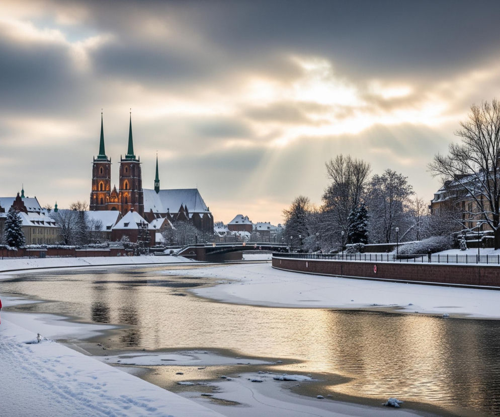 Dwie osoby, w tym jedna w czerwonej kurtce, idą chodnikiem po lewej stronie, pokrytym grubą warstwą śniegu. Rzeka, częściowo pokryta lodem, przepływa przez centrum obrazu, odbijając złociste światło zza chmur na niebie. Na drugim brzegu rzeki widoczne są ośnieżone drzewa i krzewy oraz ceglane budynki, z których wyróżnia się duży, zabytkowy kościół z dwiema zielonymi iglicami i oświetlonymi oknami, po lewej stronie mostu. Niebo jest pochmurne, z prześwitującymi promieniami słońca, tworzącymi złociste refleksy.