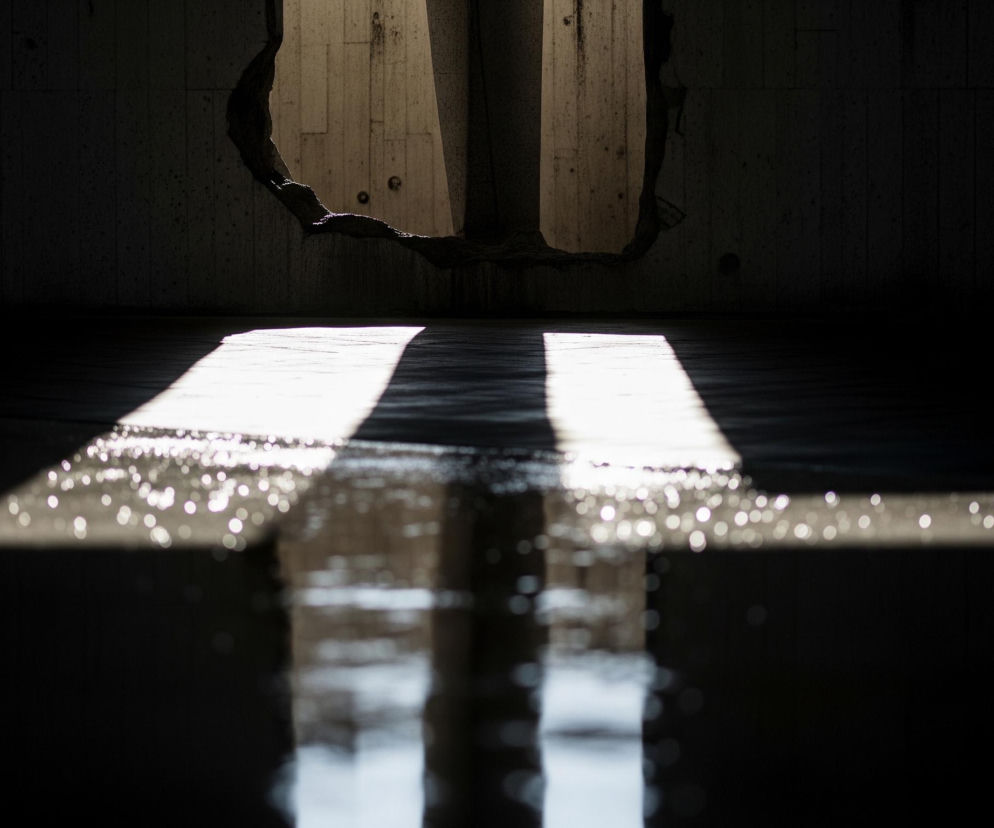 W centralnej części obrazu, na ciemnej powierzchni podłogi, widoczne są dwa jasne, równoległe pasma światła, tworzące odblaski przypominające rozmyte, białe kółka. Powyżej, w górnej połowie kadru, znajduje się nieregularny otwór w ciemnej ścianie, przez który wpada jaśniejsze światło, oświetlające betonową powierzchnię za nim. Otwór ten ma poszarpane krawędzie i ukazuje fakturę betonu z widocznymi przebarwieniami i drobnymi nierównościami. Całe otoczenie jest utrzymane w ciemnych, monochromatycznych barwach, z dominacją czerni i szarości, podkreślonych przez jasne pasma światła.