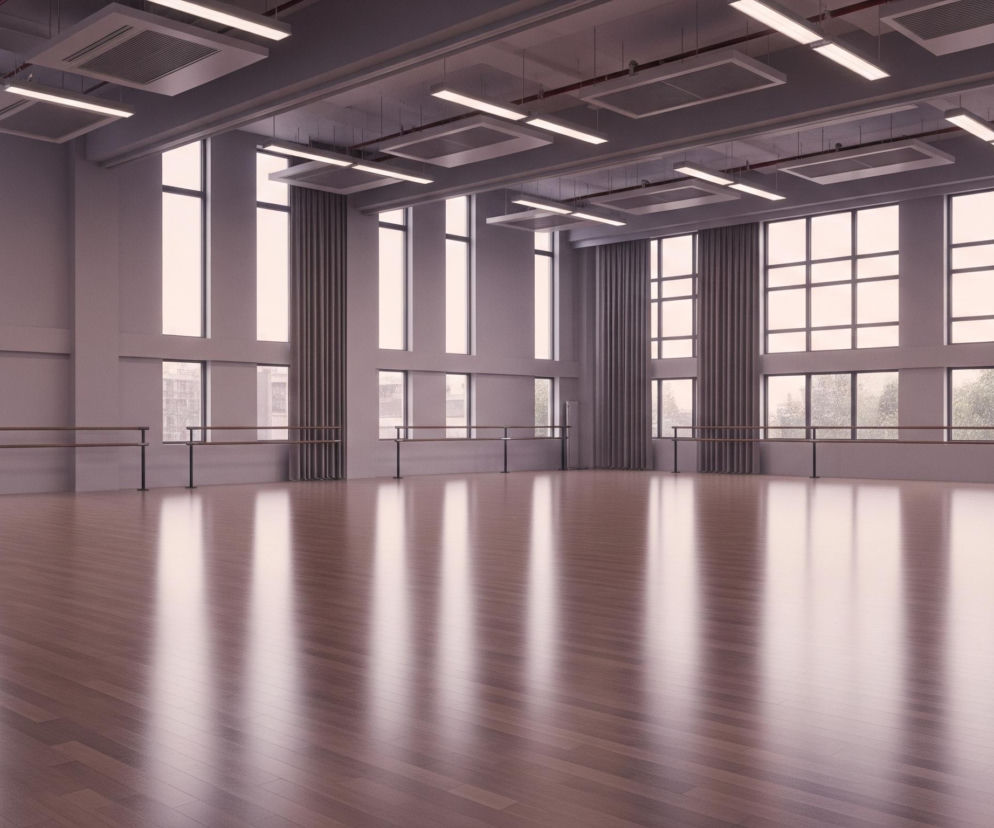 Wnętrze dużej, pustej sali tanecznej lub baletowej, z drewnianą podłogą o brązowym odcieniu, odbijającą światło z okien i sufitowych lamp. Ściany są koloru jasnoszarego, a wzdłuż nich biegnie rząd drewnianych poręczy do ćwiczeń, zamocowanych na czarnych, metalowych słupkach. Wielkie okna zajmują znaczną część ścian, ukazując na zewnątrz zieleń drzew oraz zarys budynków, a pomiędzy oknami wiszą długie, szare zasłony. Sufit wyposażony jest w liczne, podłużne lampy fluorescencyjne oraz prostokątne otwory wentylacyjne.