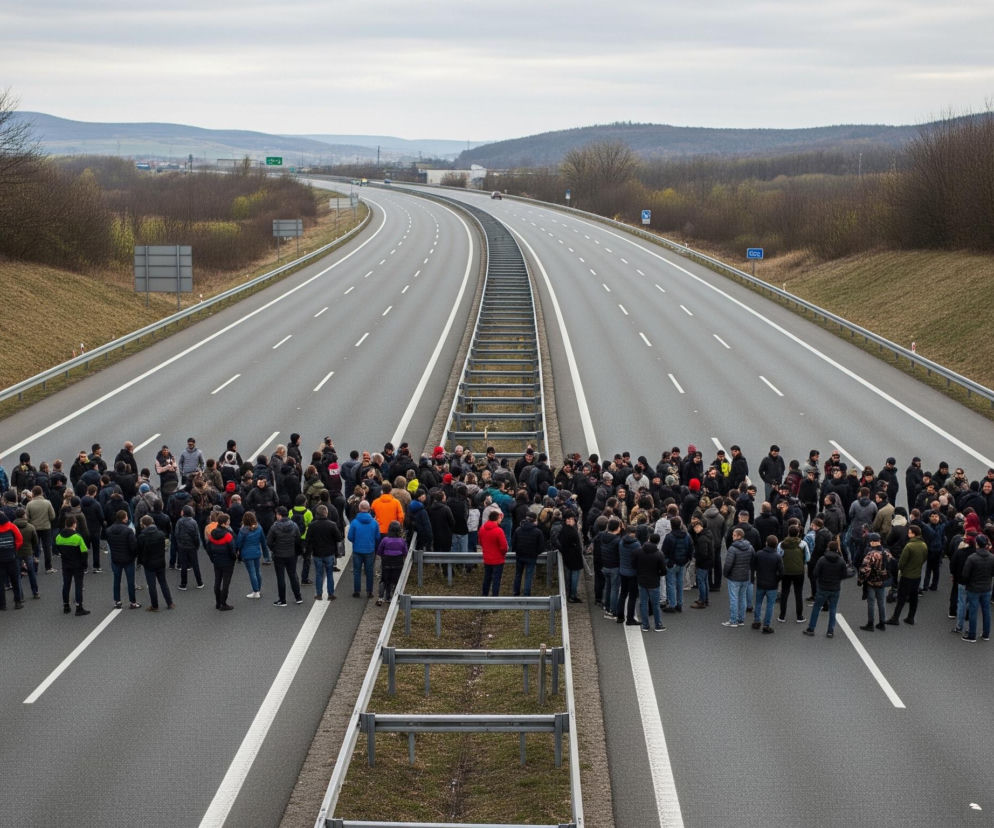 Duża grupa ludzi stoi na pustej autostradzie składającej się z dwóch pasów ruchu w każdym kierunku, oddzielonych barierą i trawiastym pasem zieleni. Większość osób ubrana jest w ciemne kurtki i spodnie, z pojedynczymi akcentami kolorystycznymi, takimi jak pomarańczowa, czerwona, niebieska lub żółta kurtka. Autostrada biegnie prosto w oddalającą się perspektywę, z niewielkimi wzniesieniami i drzewami po obu stronach drogi, oraz górzystym krajobrazem w tle, pod zachmurzonym, jasnoszarym niebem.