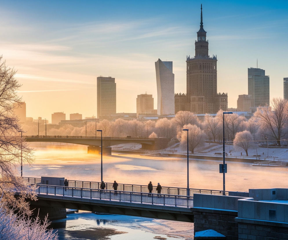 Jasne, zimowe słońce, znajdujące się po lewej stronie kadru, rozświetla oszronione gałęzie drzew na pierwszym planie oraz zamgloną rzekę, nadając im pomarańczowo-złoty odcień. Nad rzeką rozciąga się most, po którym idzie kilka osób, a w tle wznosi się panorama miasta z licznymi wieżowcami, w tym charakterystycznym, wysokim budynkiem z iglicą w centrum. Na przeciwległym brzegu rzeki, drzewa i teren są pokryte śniegiem i szronem, a po prawej stronie widać jeszcze jeden budynek na pierwszym planie, z fragmentem ośnieżonego dachu.