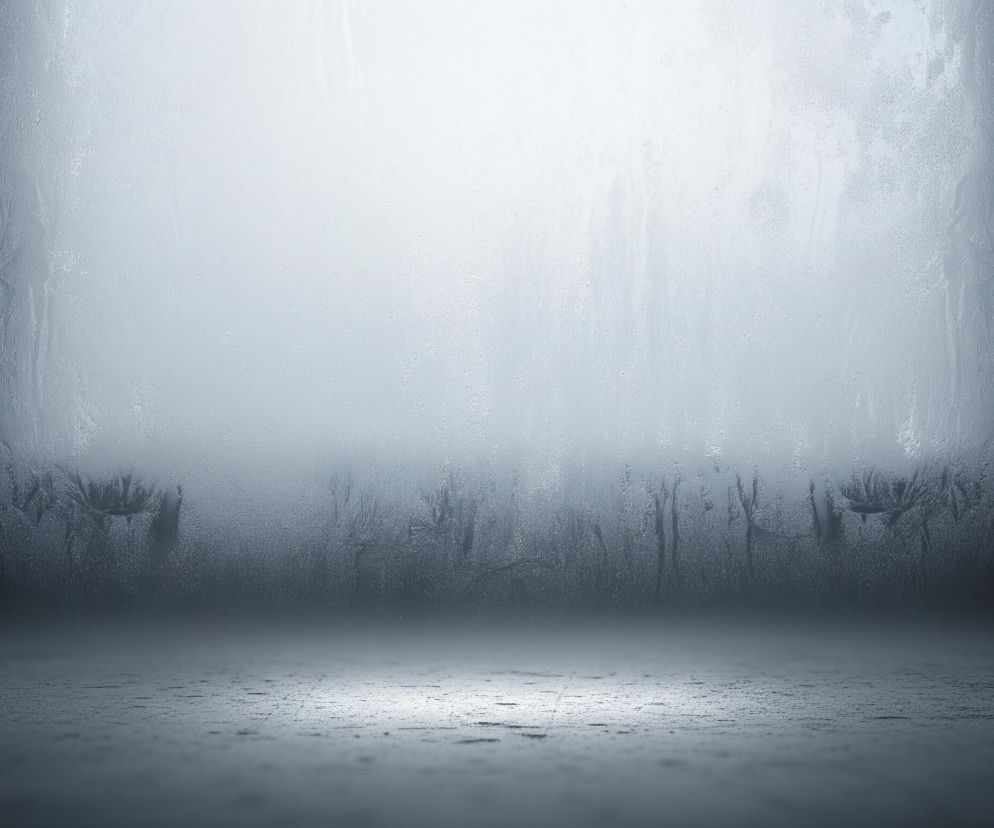 Centralna część obrazu to jasny, biały punkt, który promieniuje światłem w kierunku obserwatora. Otaczają go dwie pionowe, ciemniejsze strefy po lewej i prawej stronie, przypominające zamarznięte ściany, pokryte nieregularnymi smugami i kropelkami lodu lub wody. Podstawa obrazu to ciemna, szorstka powierzchnia, prawdopodobnie podłoga, z delikatnym pasmem światła przechodzącym przez jej środek, zanikającym w ciemności w kierunku dołu. Całość utrzymana jest w chłodnej, szaro-niebieskiej tonacji, z widoczną gradientową zmianą intensywności światła.