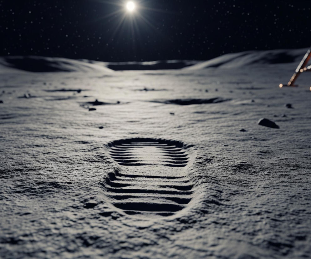 Na pierwszym planie widoczny jest wyraźny odcisk śladu w piaszczystym, szarobiałym gruncie, składający się z podłużnych, równoległych wklęśnięć. Powierzchnia gruntu jest nierówna, pokryta drobnymi grudkami i kamieniami, a jej barwa przechodzi od jasnego szarego w miejscach oświetlonych do ciemnoszarego w cieniu. W tle, na prawo, częściowo rozmazany fragment metalowej konstrukcji w kolorach złotym i miedzianym, odbijającej światło. Nad horyzontem ciemne niebo usiane jest licznymi, jasnymi punktami symbolizującymi gwiazdy, a na środku górnej części kadru jaśnieje okrągłe, intensywne źródło światła z promieniami.
