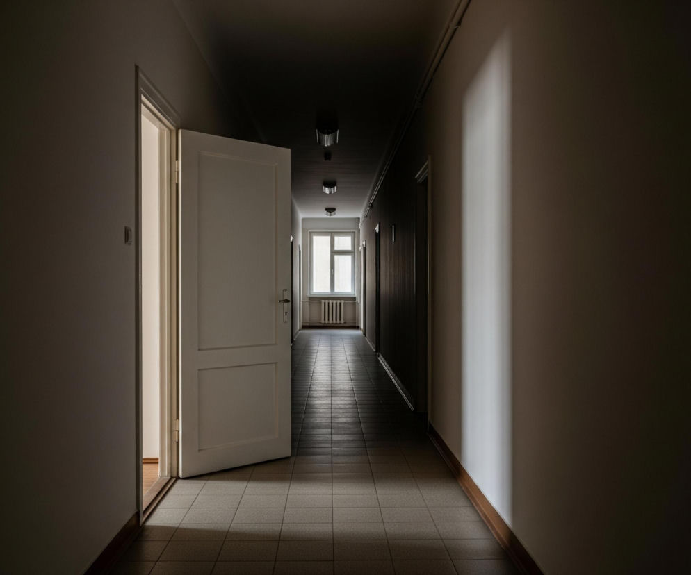 Długi, ciemny korytarz rozciąga się w głąb obrazu, z jaśniejszym obszarem u jego końca, gdzie znajduje się okno. Po lewej stronie, w połowie kadru, widoczne są otwarte, białe drzwi z mosiężną klamką, uchylone w stronę widza, ujawniając jasne wnętrze. Sufit korytarza jest ciemny, z kilkoma równomiernie rozmieszczonymi lampami sufitowymi, natomiast podłoga wyłożona jest jasnymi, kwadratowymi płytkami. Na prawej ścianie widać długi, pionowy pas światła, a drewniana listwa przypodłogowa biegnie wzdłuż obu ścian, podkreślając perspektywę korytarza.