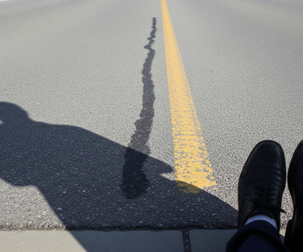 Ułożone stopy z butami, w dolnym prawym rogu obrazu, są skierowane w stronę odległego horyzontu. Osoba ma na sobie granatowe spodnie i białe skarpetki oraz czarne, sznurowane buty. Równolegle do nich, po lewej stronie, rozciąga się długi, ciemny cień ludzkiej sylwetki, który przecina pomarańczowo-żółtą, nieregularną linię biegnącą przez środek szarej, asfaltowej nawierzchni. Horyzont na zdjęciu jest rozmyty, a ogólna perspektywa skierowana jest wzdłuż drogi.