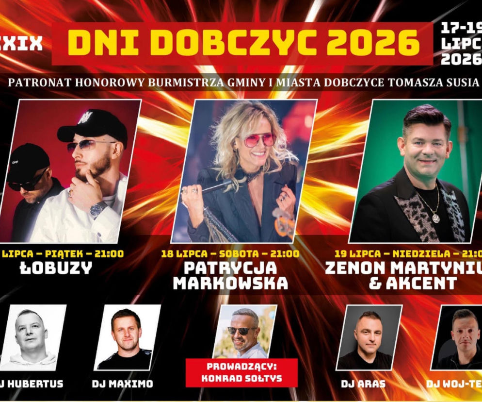 Plakat XXIX Dni Dobczyc 2026 ze zdjęciami gwiazd: zespołu Łobuzy, Patrycji Markowskiej i Zenona Martyniuka. Szczegóły w Radio Plus.